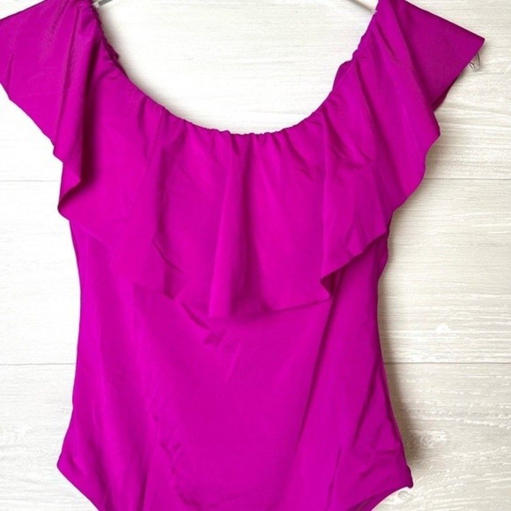 SOLD Trina Turk Pink Monaco Solids Off The Shoulder Ruffle One Piece Swimsuit - Picture 5 of 15